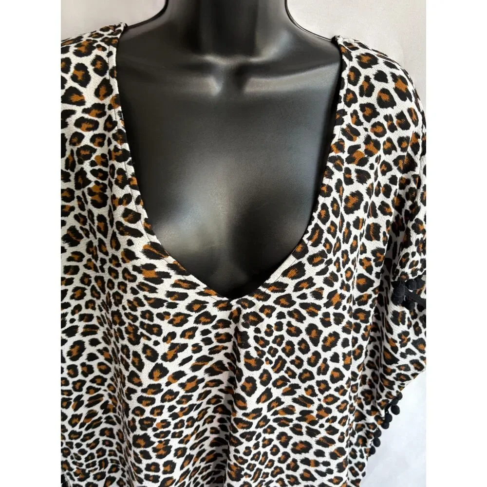 Xhilaration Leopard Cheetah Pom Pom Trim Kaftan Swim Cover Batwing Sleeve Size M